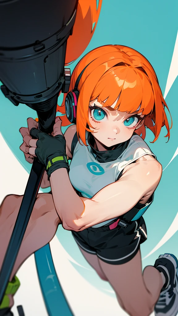 	•	Head:
	•	The character has a youthful, energetic expression with a mischievous smile.
	•	Bright orange hair is styled in a sleek, shoulder-length bob with blunt bangs. The hair is smooth and shiny, adding to the character’s dynamic appearance.
	•	Large, expressive eyes with dark, pointed eyebrows give the character an intense and focused look.
	•	The character is wearing a black headband that sits just above the eyebrows, helping to keep the hair in place during action.
	•	Accessories:
	•	The character is equipped with a large pair of black and white headphones, which are over-the-ear style with round, prominent ear cups.
	•	The headphones appear to be high-tech, possibly used for communication or music during battles.
	•	Upper Body:
	•	The character is wearing a white, sleeveless top that is sporty and functional. The top is fitted and allows for easy movement.
	•	There is a small, square logo or design on the lower part of the top, adding a bit of detail to the otherwise simple outfit.
	•	The arms are slender but strong, showing that the character is agile and capable of handling heavy gear.
	•	Lower Body:
	•	The character is wearing black shorts that match the sporty and functional theme of the outfit. The shorts are short, allowing for maximum movement.
	•	On the feet, the character wears colorful, chunky sneakers that are mostly pink with teal accents. The shoes are designed for comfort and agility, with a thick sole for added support.
	•	Weapon:
	•	The character is holding a large, brightly colored water gun. The gun is primarily green with orange and yellow accents, and it has a futuristic, playful design.
	•	The character grips the weapon confidently, with the right hand on the trigger and the left hand supporting the barrel.

one person&#39;s, alone, Simple Background, Anatomically correct