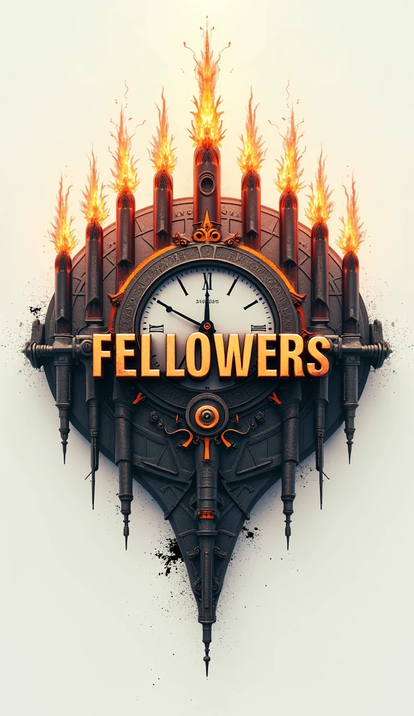 There is a title "FELLOWERS" written with bullets of guns at the clock painted at the white road. A top view of the title and fire bullets passing over the title. A 3D, Aesthetic, fantasy poster.