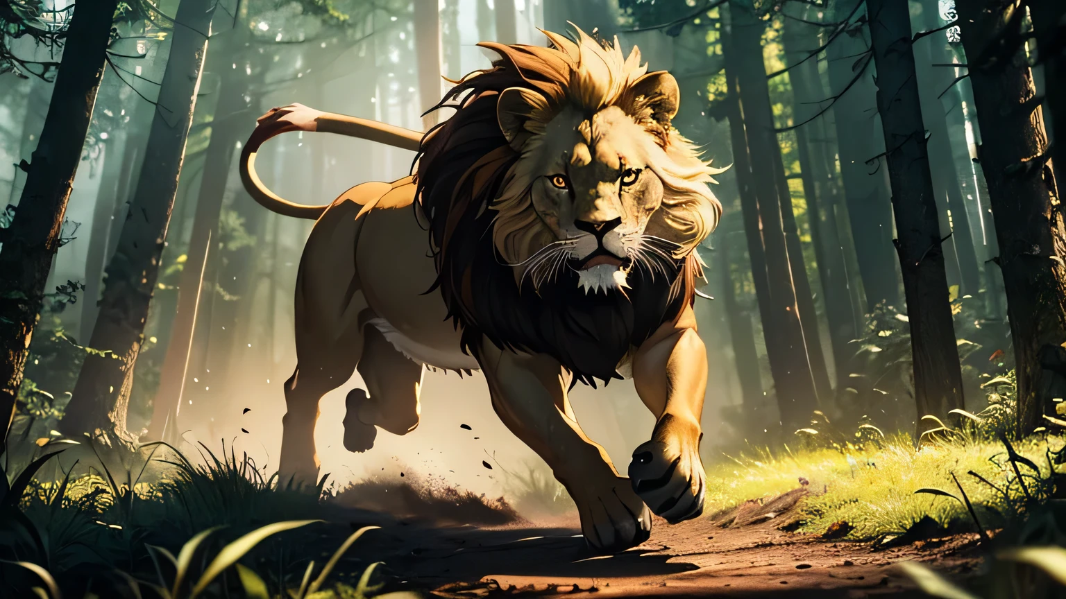 motion scene, lion in forest leaping to attack, glowing yellow eyes, glowing eyes, sharp fangs, moody lighting, hyper realistic, cinematic lighting, intricate details, 8k, high quality, photorealistic, dramatic, powerful, majestic