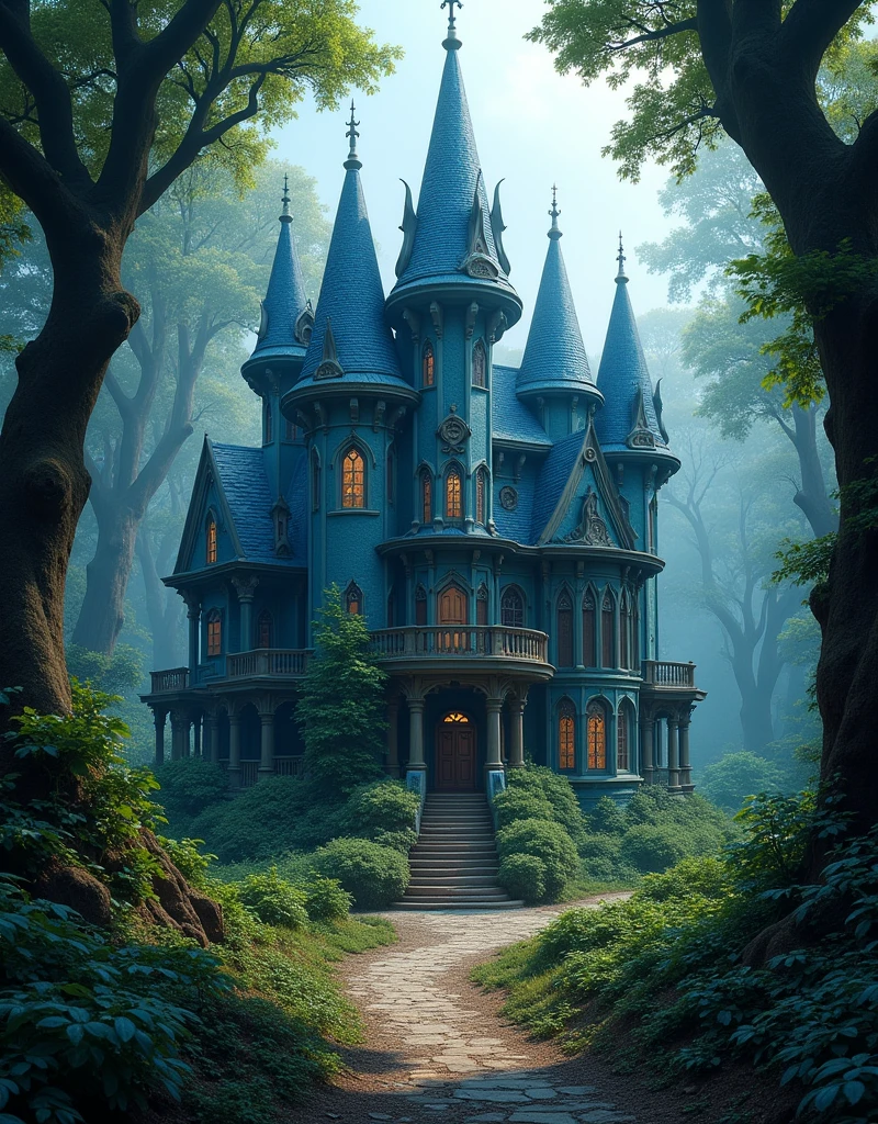 Masterpiece, high quality, best composition, blue house with spires in the woods, fantasy house, beautiful house on forest path, beautiful details and colors, spooky mansion, fairy tale place, scary castle, mysterious, witch's hut in the woods.