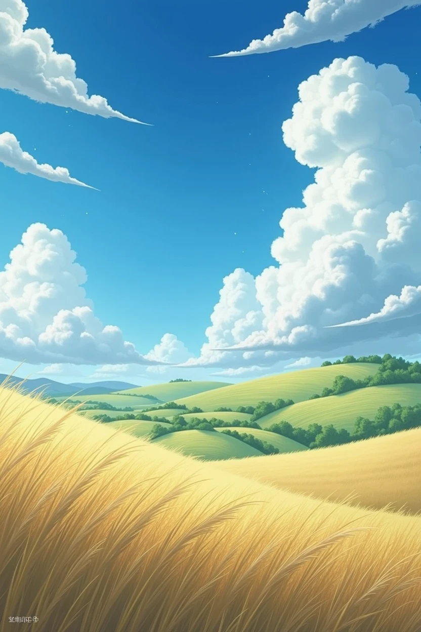 Windy field, hill, prairie, Blue sky and clouds, ghibli style