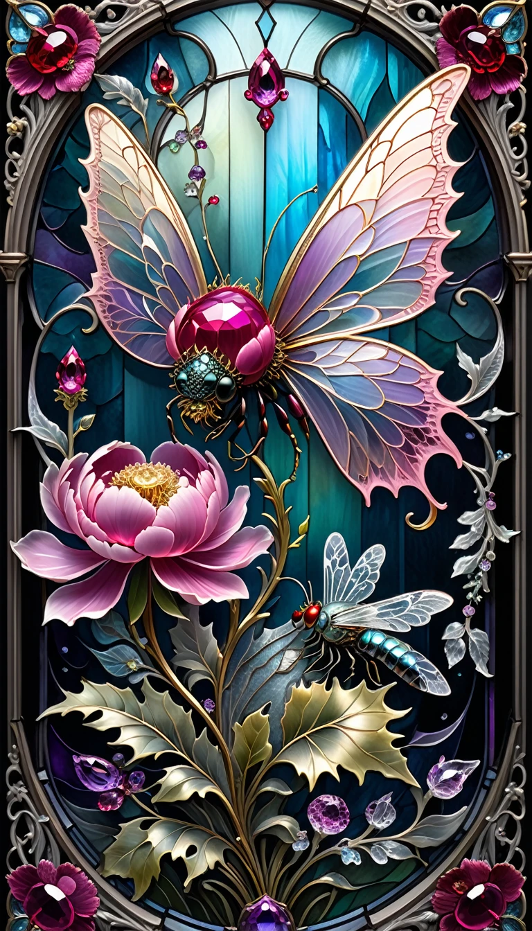 triadic colors, cinematic, official art, close fairytale transparent glass fly ruby peony flowers, ice hoarfrost, baroque, Craola, highly detailed stained glass wings, amethyst crystals, labradorite iridescent crystals, Andy Kehoe, John Blanche, complex highly detailed background, child book detailed illustration, fantasy, filigree, filigree detailed, intricated, cute
