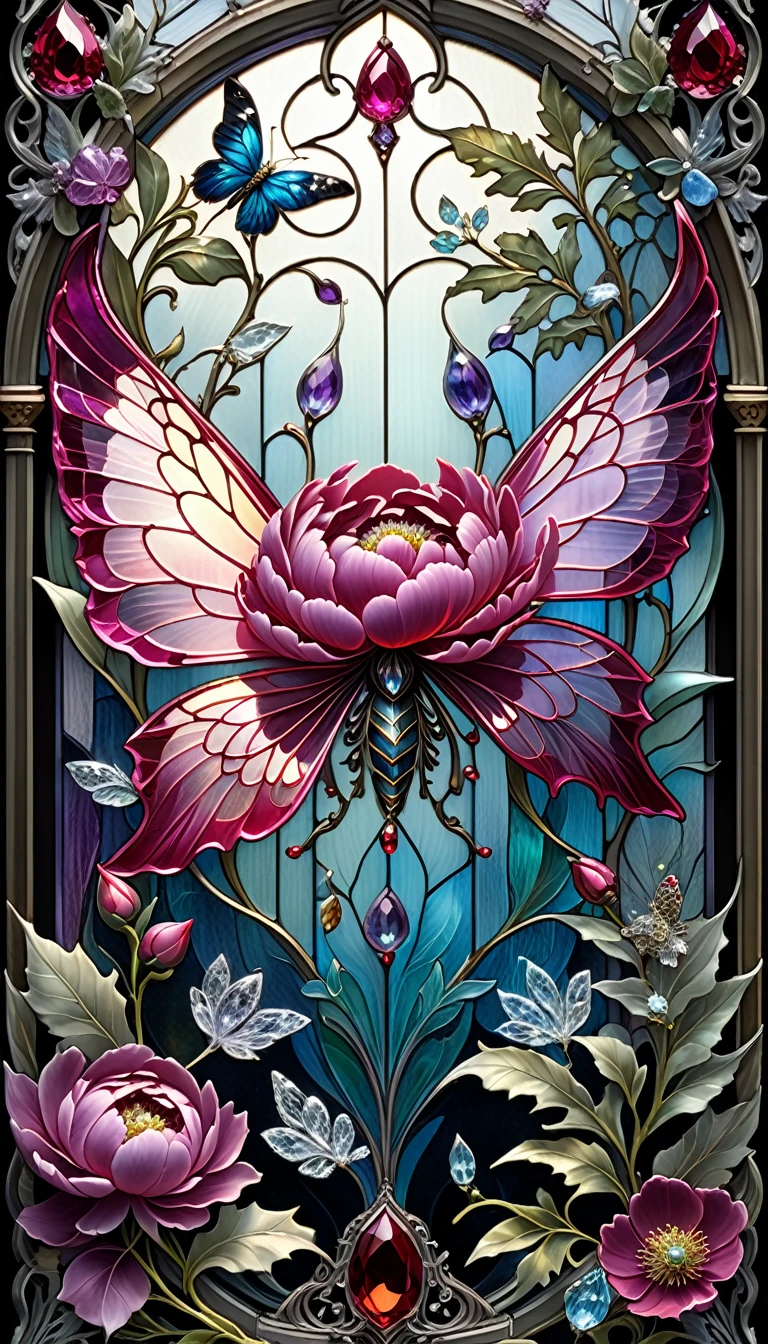 triadic colors, cinematic, official art, close fairytale transparent glass fly ruby peony flowers, ice hoarfrost, baroque, Craola, highly detailed stained glass wings, amethyst crystals, labradorite iridescent crystals, Andy Kehoe, John Blanche, complex highly detailed background, child book detailed illustration, fantasy, filigree, filigree detailed, intricated, cute