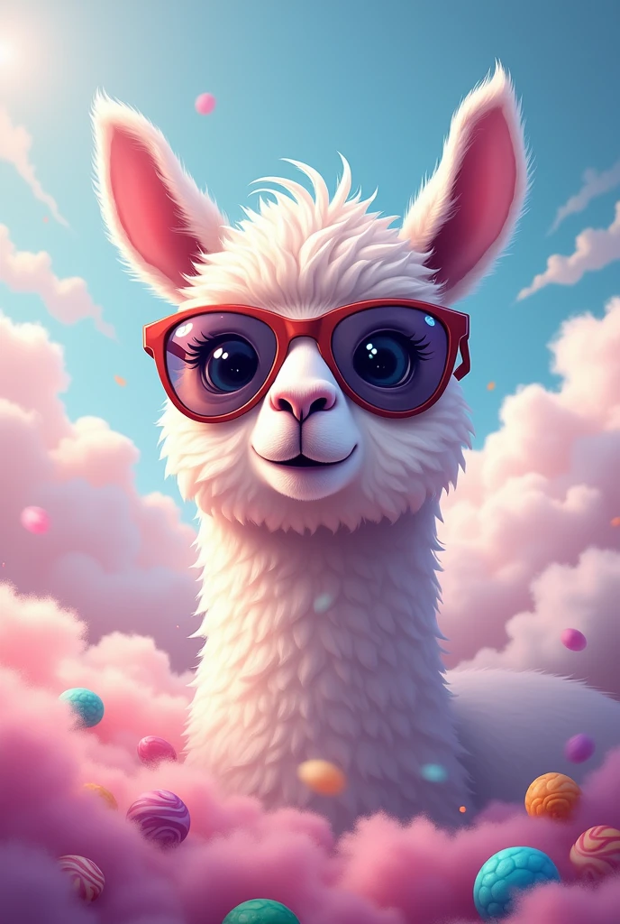 Cute alpaca head black,comic,dreamy,Clouds,candys,sunglasses, mystic,fog