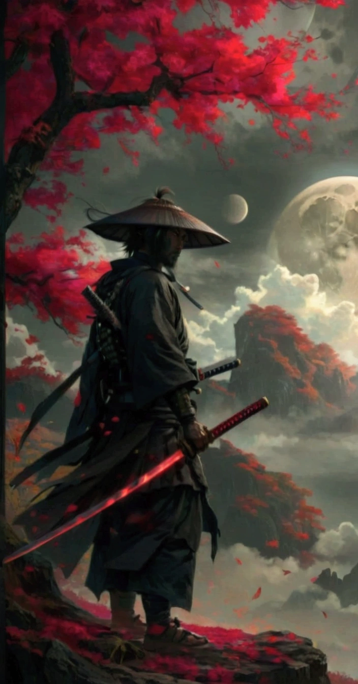 a man in a black robe holding a sword standing in front of a full moon, very beautiful cyberpunk samurai, inspired by Kanō Hōgai, cyberpunk samurai, samurai warrior, samurai style, epic samurai warrrior, samurai jedi, sekiro in bloodborne world, japanese samurai, as samurai, samurai man vagabond, swordsman, ronin