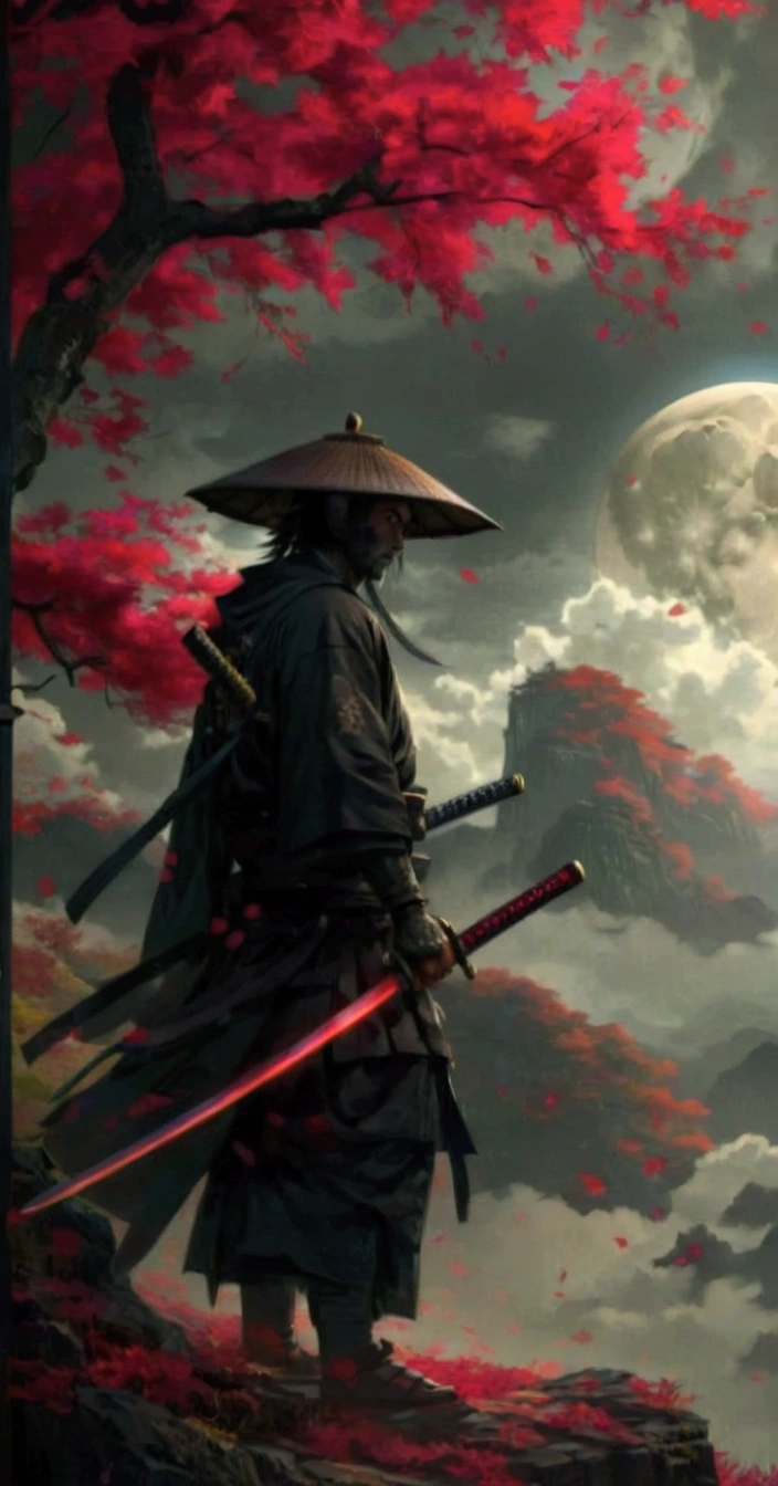 a man in a black robe holding a sword standing in front of a full moon, very beautiful cyberpunk samurai, inspired by Kanō Hōgai, cyberpunk samurai, samurai warrior, samurai style, epic samurai warrrior, samurai jedi, sekiro in bloodborne world, japanese samurai, as samurai, samurai man vagabond, swordsman, ronin