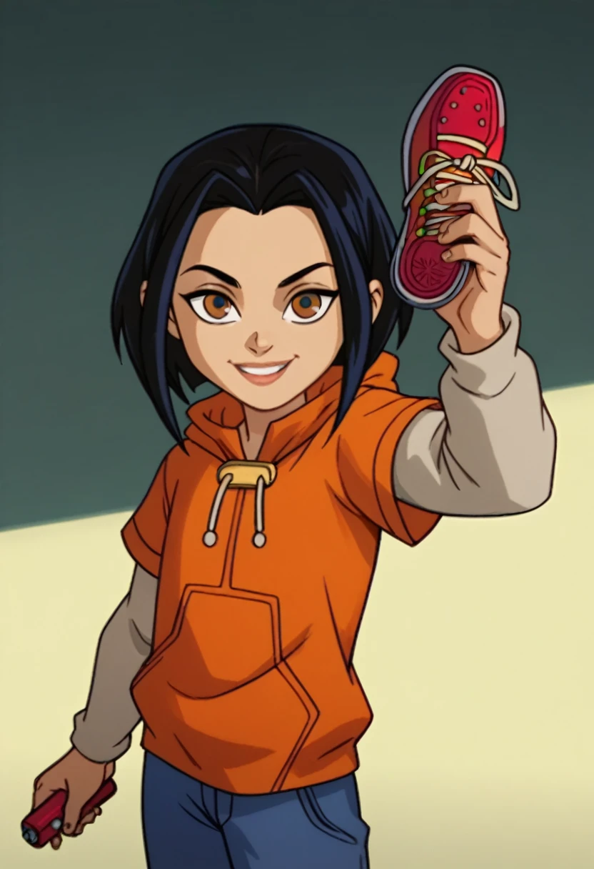 jadechan, Headshot，1girl, black hair, brown eyes, solo, short hair, long sleeves, orange hoodie, hood, smile, pants, looking at viewer, score_9, score_8_up, score_7_up, score_6_up, score_5_up, score_4_up, looking at viewer, cowboy shot, sneakers,