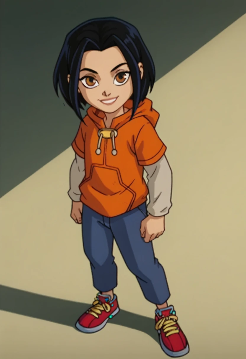 jadechan, Headshot，1girl, black hair, brown eyes, solo, short hair, long sleeves, orange hoodie, hood, smile, pants, looking at viewer, score_9, score_8_up, score_7_up, score_6_up, score_5_up, score_4_up, looking at viewer, cowboy shot, sneakers,