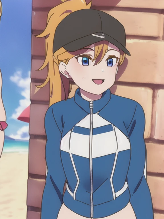 best quality, masterpiece, 1girl, raytracing, ultra detailed,detailed face, 8k wallpaper,  wide hips, smile, MysteriousHeroineXX_NDV, 1girl, blonde hair, large breasts, long hair, ponytail, blue eyes, cropped jacket, blue jacket, white bikini, baseball cap,  beach