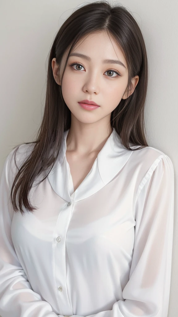 ((White long sleeve blouse))、(背景にWhite wall)、White wall、In front of a white door、(窓のあるWhite wallの部屋)、((Highest quality、8k、masterpiece:1.3))、Ultra-high resolution、(photoGenuineistic:1.4)、RAW Photos、Japanese,(face)、Genuine、Photographed in natural light、Highly detailed face and skin texture、Highly detailed lips、The correct state of the human body、Medium Hair、Various poses、Natural color lip、Don't look at the camera。Pastel colored clothes