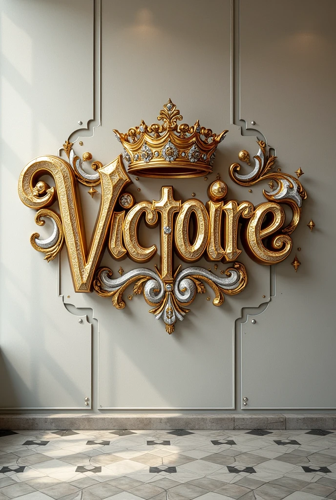 Ecrit le nom " victoire" en or, en diamant et en argent et une couronne au dessus et des Disagne impressionnant et le tout sur un mure moderne