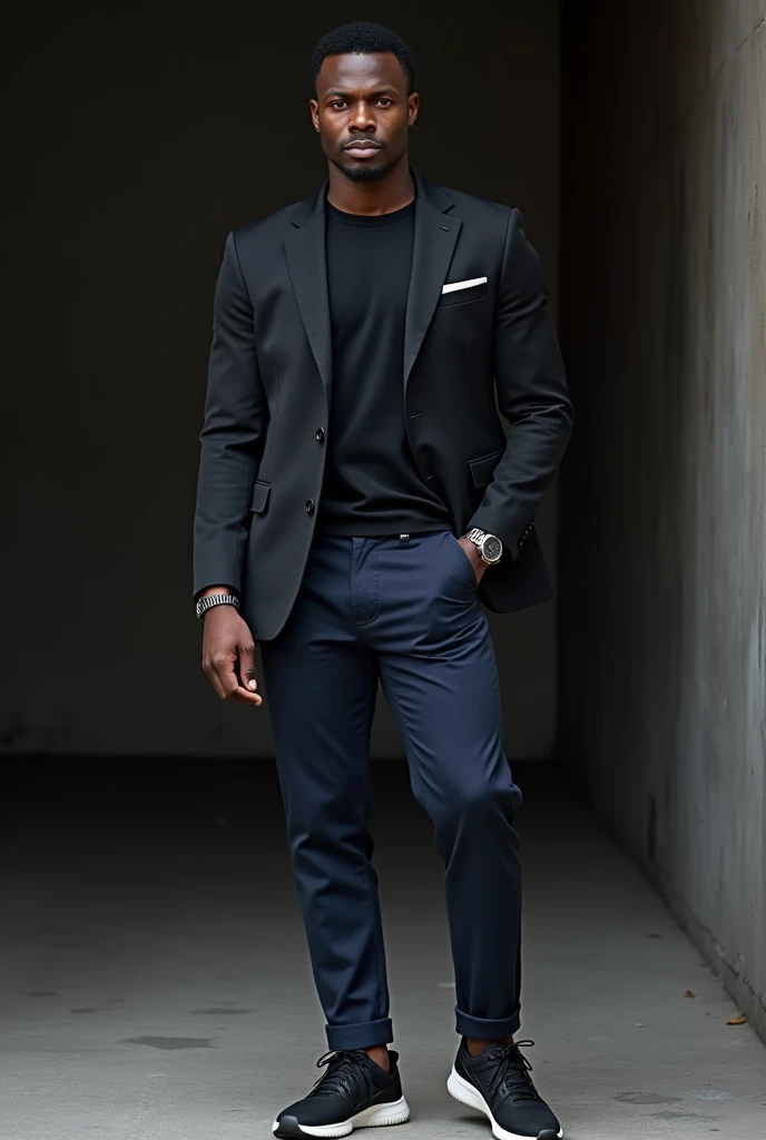 create 4 images of dark-skinned man wearing navy blue tailored pants, black sneakers with white detail, long black dress shirt, black blazer and silver watch on left wrist