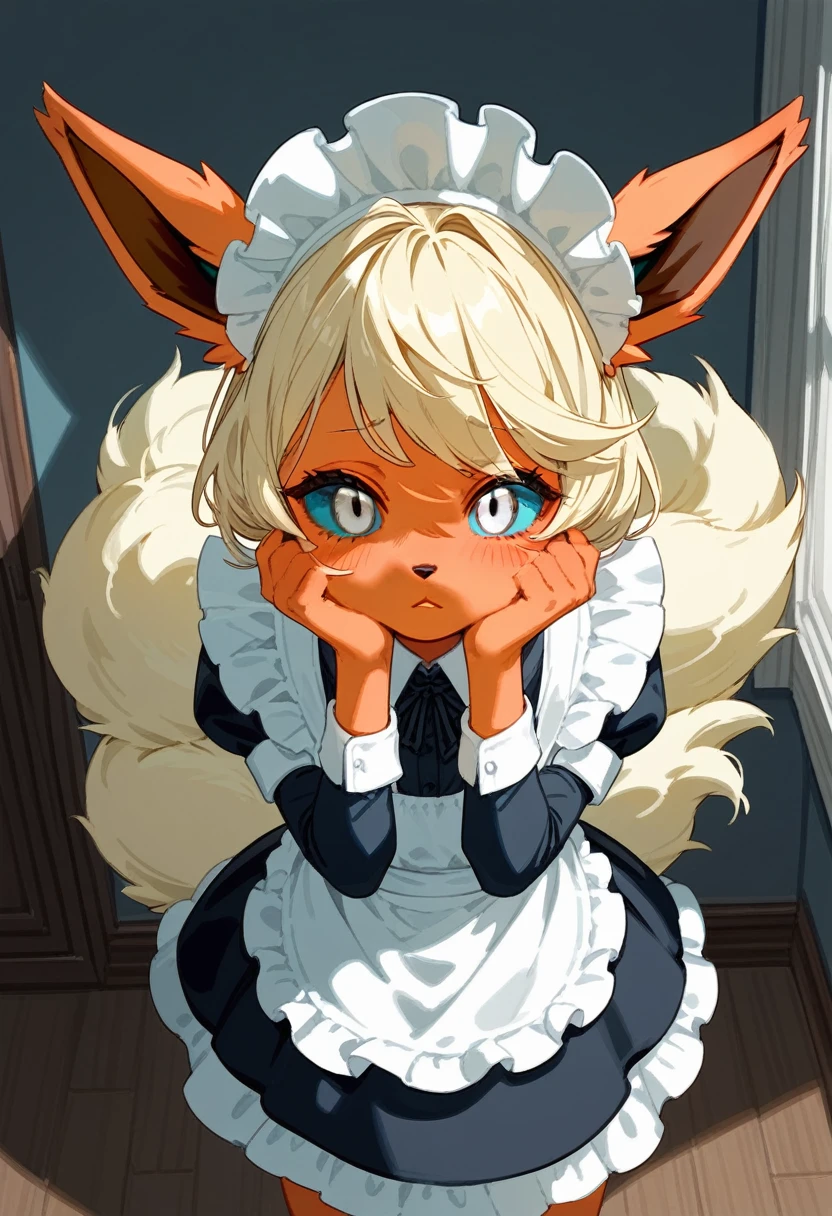 alone, score_9,score_8_above,score_7_above, a female antro flareon, calvo, blue sclera, white eyes, with maid outfit, inside, shy pose, hands to his face