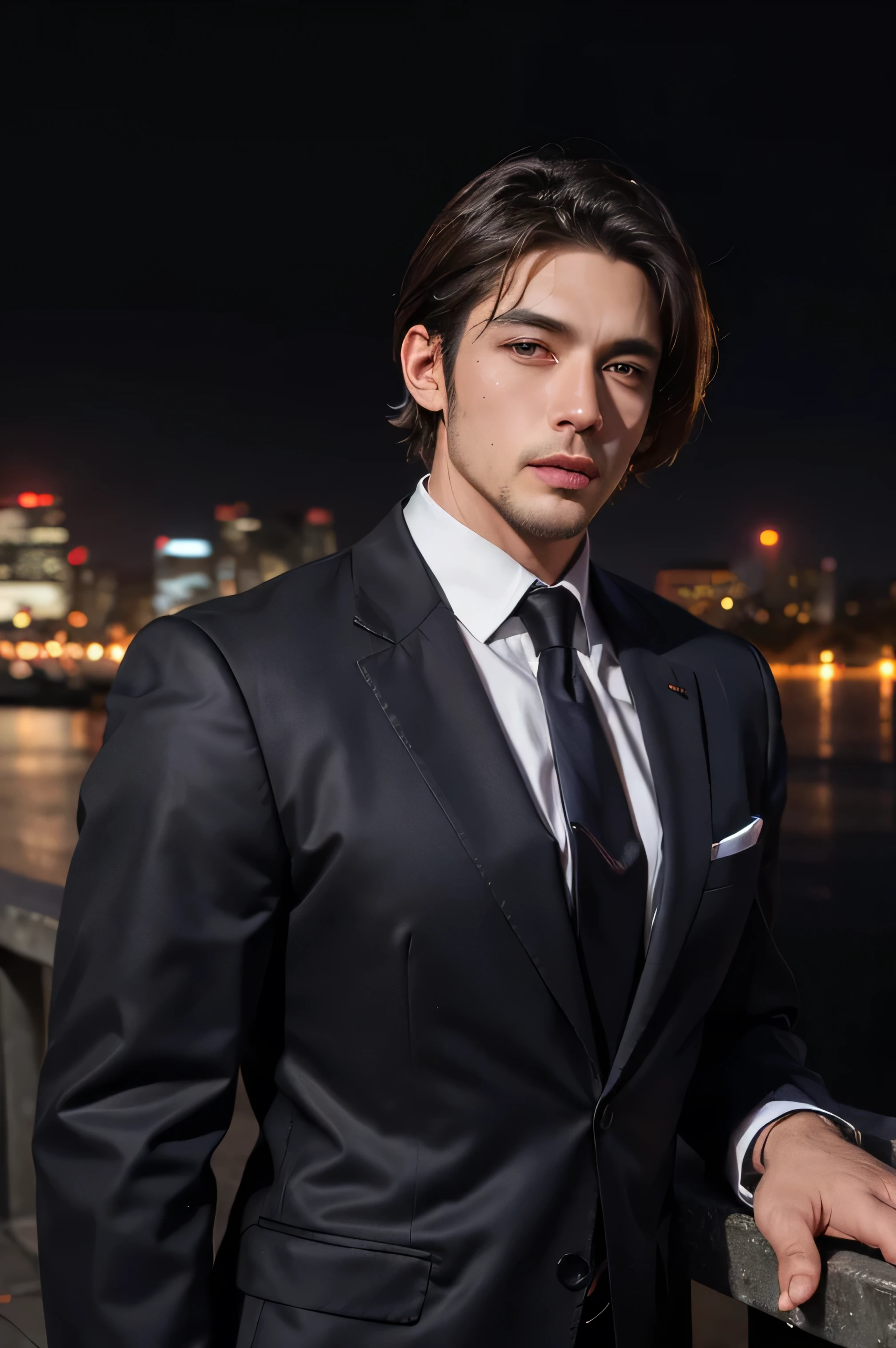 (absurdres, highres, ultra detailed, realistic, ), 1 male, solo, adult, mature, tall muscular guy, broad shoulders, handsome, very short hair, black hair, brown eyes, angular jaw, thick neck, thick eyebrows, night, dark, the night view of the city background, formal suit, necktie, upper body