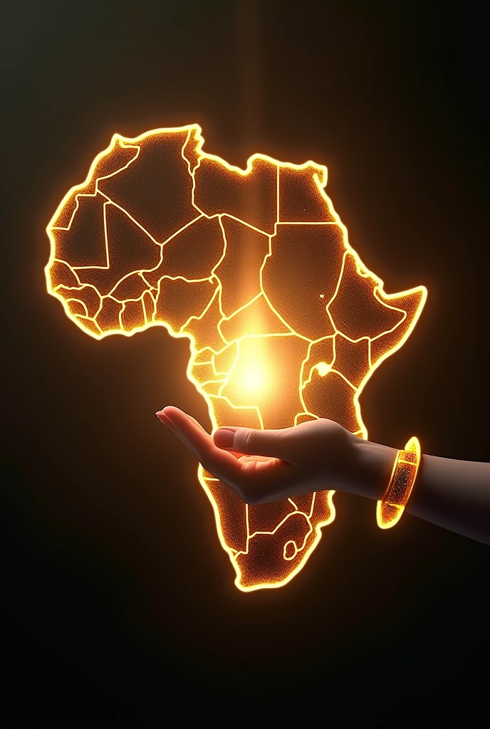 The map of Africa with inside a hand holding a light with bright flashes that can be seen illuminating the map The hand must not go beyond the map The map must be surrounded by a circle that can be seen