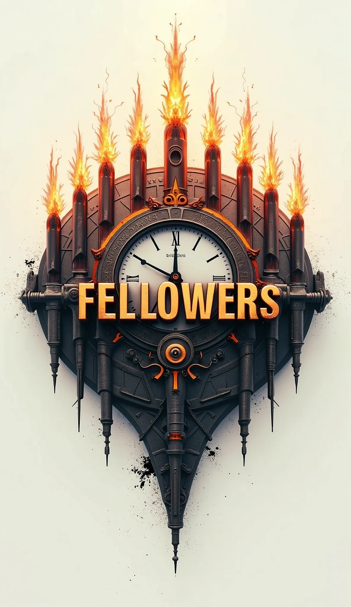 There is a title "FELLOWERS" written with bullets of guns at the clock painted at the white road. A top view of the title and fire bullets passing over the title. A 3D, Aesthetic, fantasy poster.