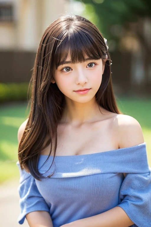 、Middle school students、、Cute Face、beautiful girl、Off-the-shoulder clothing、A little bit of cleavage is visible、Big Breasts、F Cup、Long Hair、With bangs、Good style、Deep-set eyelids