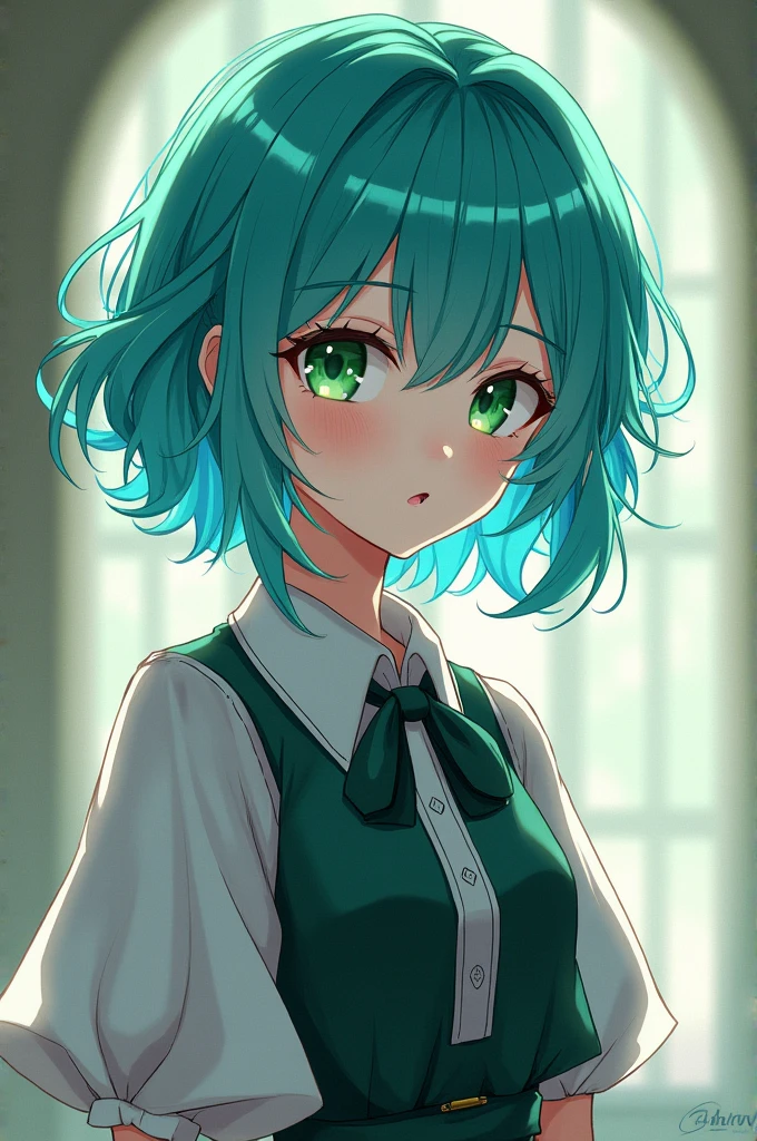 Turquoise hair、He has heterochromatic eyes, with a dark green right eye and a light green left eye.、Draw a young servant with slanted eyes in anime style