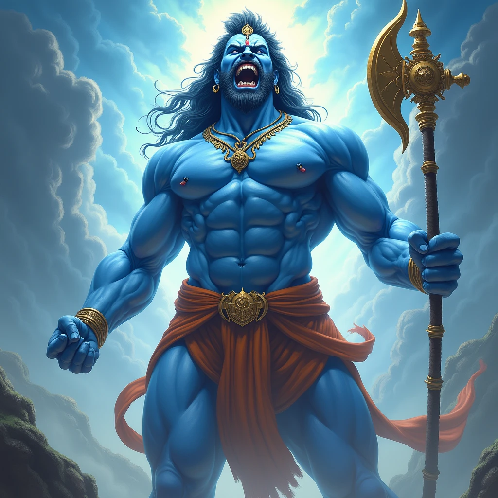 Lord Hanuman ji full body , angry face, blue eyes, and full body colour light blue, in hand muddal gold colour in faire 