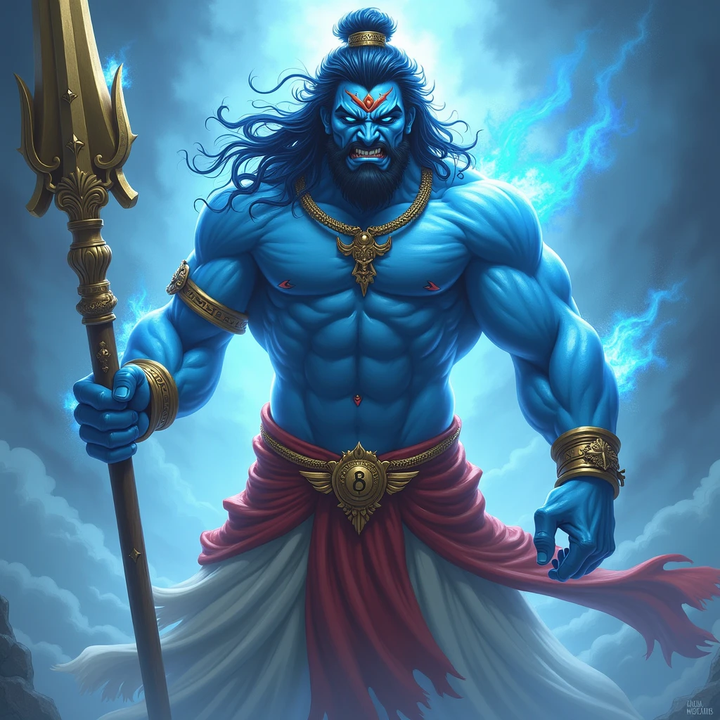 Lord Hanuman ji full body , angry face, blue eyes, and full body colour light blue, in hand muddal gold colour in faire