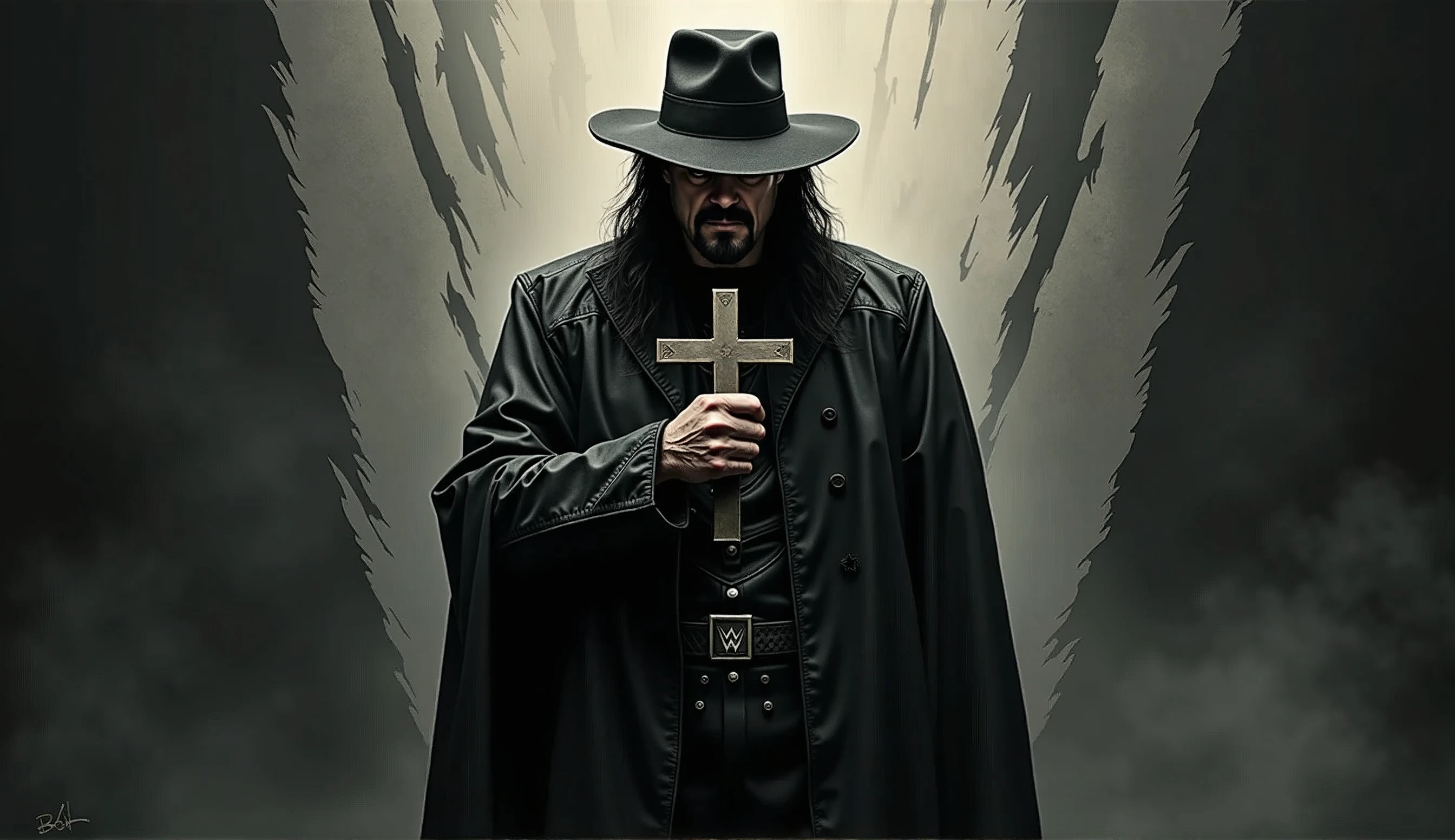 image of ((the undertaker:1.4)) with a cross in his hand, slash page, album, hq artwork, hd artwork, artwork, art cover