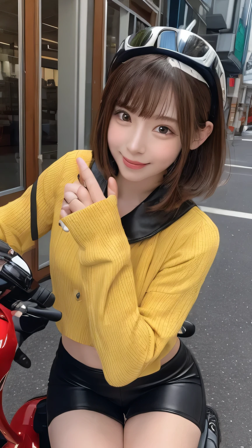 Best image quality (8k, High resolution, masterpiece: 1.2), Very detailed, Random Hairstyles, 26-year-old woman,
Extraordinary beautiful girl、Cute and beautiful face details、(Dealing with the Children_v1:0.008)、
score_9, score_8_upper, score_7_upper,
The moment when you get on the bike: I straddled my motorcycle parked in the parking lot.、Just before putting on the helmet。Getting ready to go on an evening tour。
clothing: Black leather jacket and fingerless gloves、She's wearing leather pants over her leggings。She finished off her look with black ankle boots.。
expression: A confident expression of "Just before putting on the helmet"。
,Active stop temporarily ,
On her side、The thunder danced。
Focus on the upper waist
, Random cute poses ,Big eyes ,Puffy eyes , Heart pupil, blush , Big shy smile , salute