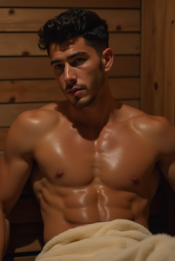 Nick Jonas bare body in towel in sauna