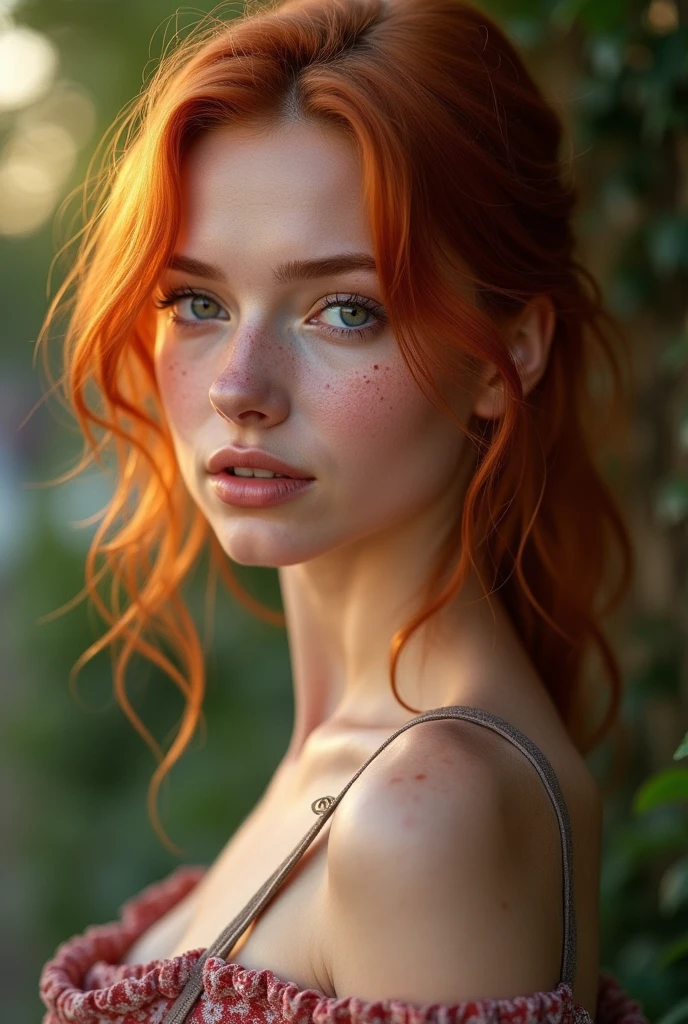 Beautiful Redhead, naturel, freckle, photo realiste, yeux clair, medium sized chest, Sexy French, 20 ans, provocative, outside