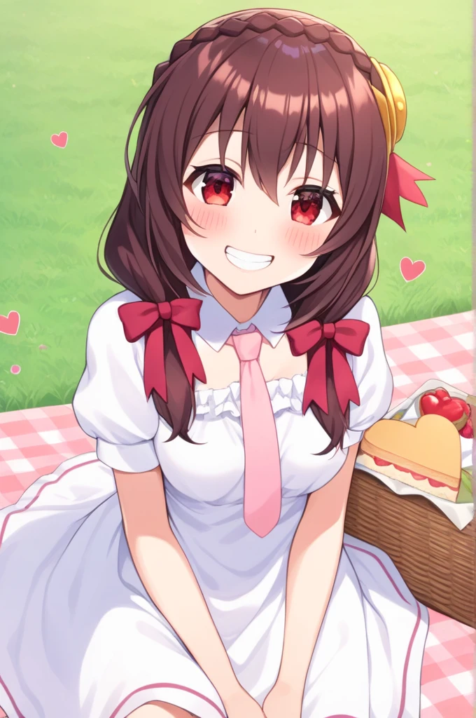 alone, One girl、Crown braids in the same color as your hair, hair ornaments, Hair Ribbon, Pink tie, (White dress), picnic、Black Hair、(blush:1.2)、Sitting、(Kissing expression with eyes closed to the viewer)、Slightly larger breasts