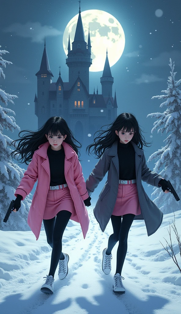 Two girls, long black hairs, yuri, Vampire Hunters

The first girl wear a pink long coat, black shirt, pink pencil skirt, black underpants, black tights, black gloves, black socks, white sneakers high top.

The second girl wore a grey long coat, black shirt, grey pencil skirt, black underpants, black tights, black gloves, black socks, white sneakers high top.

holding a handguns, running on the snow, snowing, vampire castle, fantastic night sky, moon, cartoon novel, 4K, HD