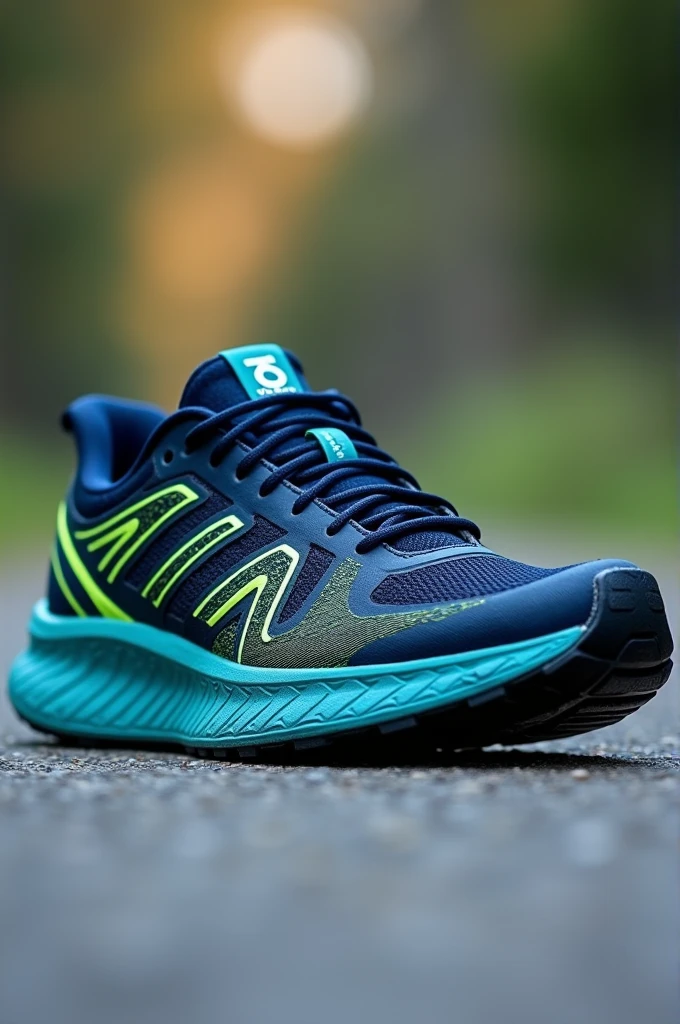 marathon running shoes, with dark blue and green colors, with the impression of being very comfortable, seen from side, with RunTech brand, with an innovative symbol, with the big and bigger sole 