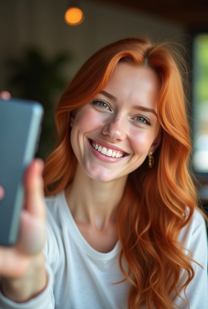 Une femme rousse se prend en selfie dans un moment décontracté et spontané. Elle tient son smartphone à bout de bras, légèrement incliné pour capturer son meilleur angle. Son visage est illuminé par un sourire naturel, ses yeux pétillants fixant l'objectif avec une lueur de joie et de confiance. Ses cheveux sont coiffés de manière soignée ou légèrement ébouriffés, encadrant son visage avec élégance. Elle est vêtue d'une tenue qui reflète son style personnel, que ce soit une tenue décontractée, chic, ou sportive. En arrière-plan, on aperçoit un cadre qui peut être sa chambre, un café, ou un extérieur ensoleillé. L'éclairage est doux, mettant en valeur ses traits, et l'image capture une sensation de fraîcheur, de modernité, et de spontanéité.