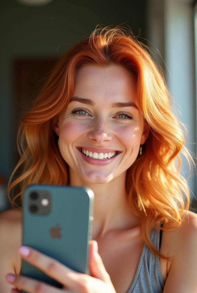 Une femme rousse se prend en selfie dans un moment décontracté et spontané. Elle tient son smartphone à bout de bras, légèrement incliné pour capturer son meilleur angle. Son visage est illuminé par un sourire naturel, ses yeux pétillants fixant l'objectif avec une lueur de joie et de confiance. Ses cheveux sont coiffés de manière soignée ou légèrement ébouriffés, encadrant son visage avec élégance. Elle est vêtue d'une tenue qui reflète son style personnel, que ce soit une tenue décontractée, chic, ou sportive. En arrière-plan, on aperçoit un cadre qui peut être sa chambre, un café, ou un extérieur ensoleillé. L'éclairage est doux, mettant en valeur ses traits, et l'image capture une sensation de fraîcheur, de modernité, et de spontanéité.