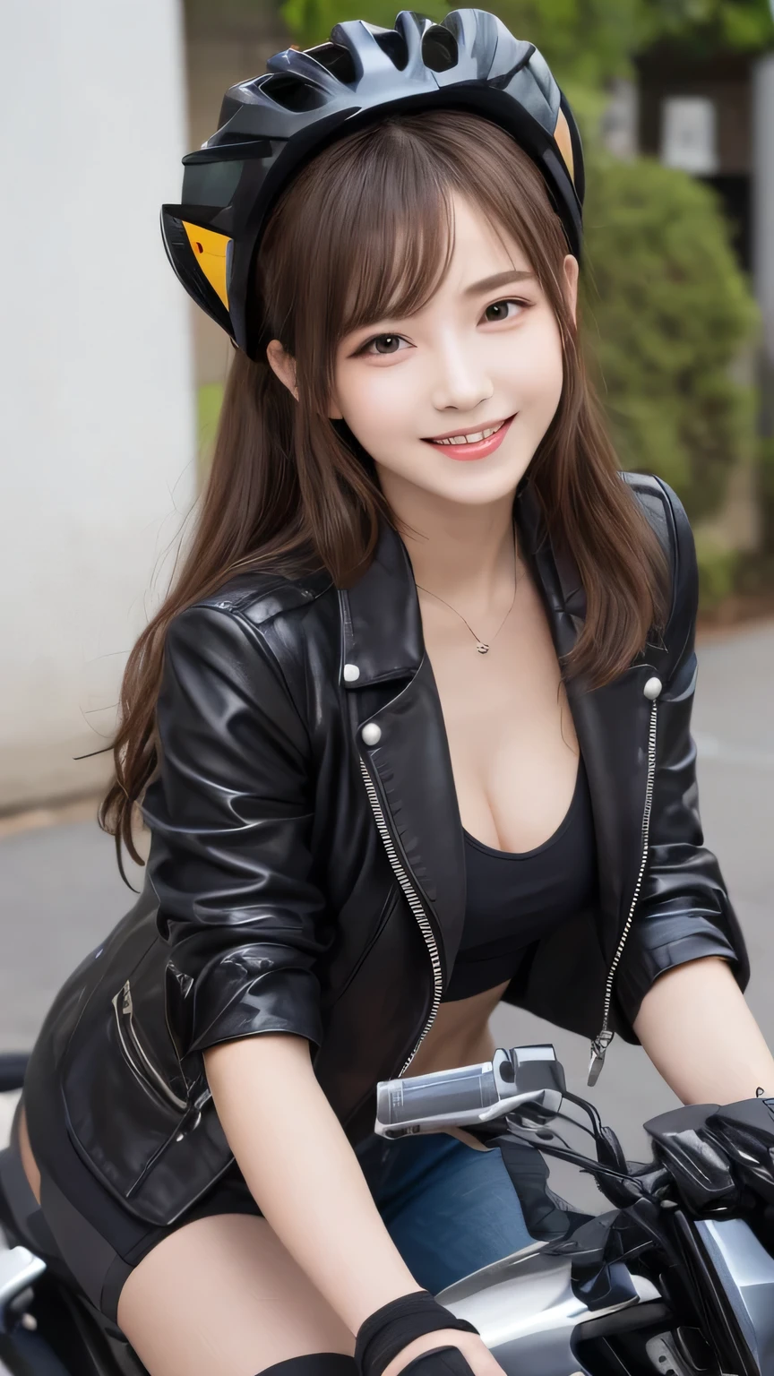Best image quality (8k, High resolution, masterpiece: 1.2), Very detailed, Random Hairstyles, 26-year-old woman, 

Extraordinary beautiful girl、Cute and beautiful face details、(Dealing with the Children_v1:0.008)、


score_9, score_8_upper, score_7_upper, 

The moment when you get on the bike: I straddled my motorcycle parked in the parking lot.、Just before putting on the helmet。Getting ready to go on an evening tour。
clothing: Black leather jacket and fingerless gloves、She&#39;s wearing leather pants over her leggings。She finished off her look with black ankle boots.。
expression: A confident expression of &quot;Just before putting on the helmet&quot;。


,Active stop temporarily ,
On her side、The thunder danced。
Focus on the upper waist


, Random cute poses ,Big eyes ,Puffy eyes ,  Heart pupil, blush  , Big shy smile , salute

　

