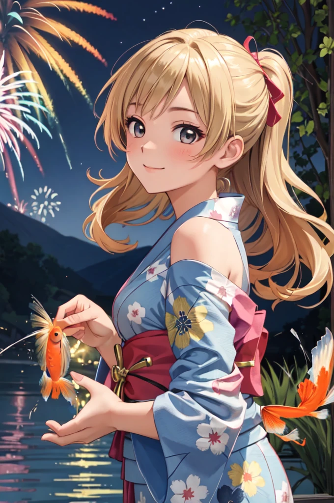 masterpiece, best quality, ultra detailed, highres, extremely detailed CG unity 8k wallpaper, perfect lighting,  very detailed background, beautiful and aesthetic,sharp focus, perfect face, dynamic pose, dynamic angle,
1girl, upper body, (portrait:1.1), multicolored yukata, kanzashi, looking at viewer,  full-face blush, from side, from below, smile,
night, dark sky, misty lake, mountainous horizon, break,aerial fireworks,  (Full of sky fireworks:1.2),
Shoulder Bare、Off the shoulder、(Holding a goldfish from a goldfish scooping game:1.2)、1girl, blonde hair