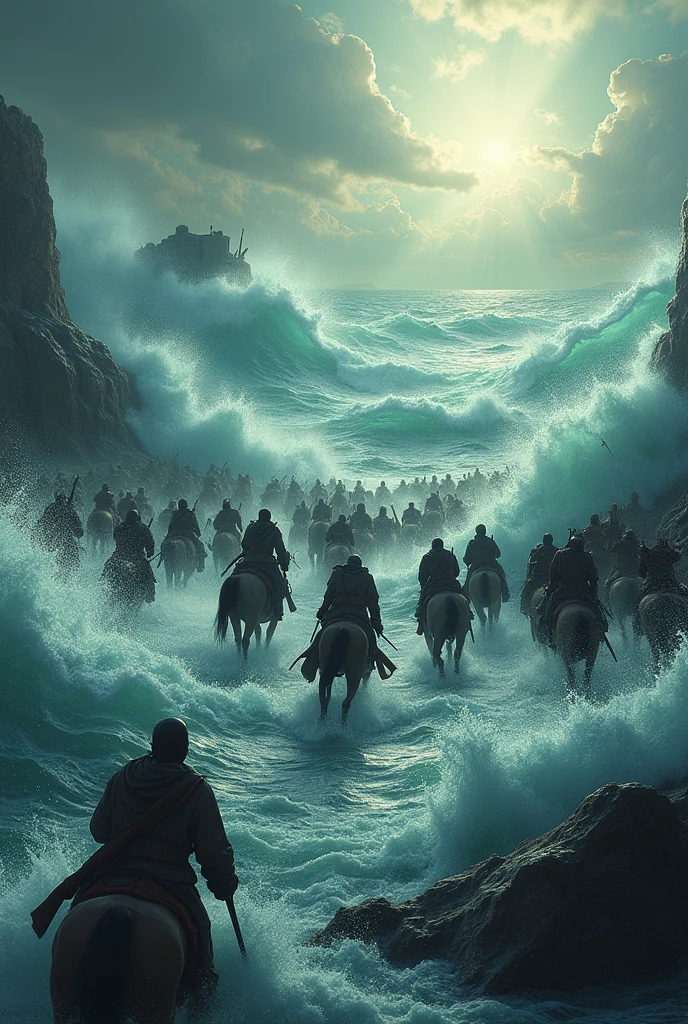 A dramatic and epic scene showing the pharaoh and his Egyptian army being swallowed by the raging waters of the Red Sea. Soldiers and horses are in panic, fighting the giant waves, while broken chariots and submerged weapons float around them. The sea, which miraculously opened, now it closes on them with crushing force. On the horizon, in the background, it is possible to see a strip of dry land where the Israelites are safe, looking back with expressions of relief and amazement. with rays of divine light breaking through the darkness, suggesting God's powerful intervention. The water is depicted in shades of deep blue and turquoise, mixing with the white foam of the moving waves. moment of victory and divine justice.