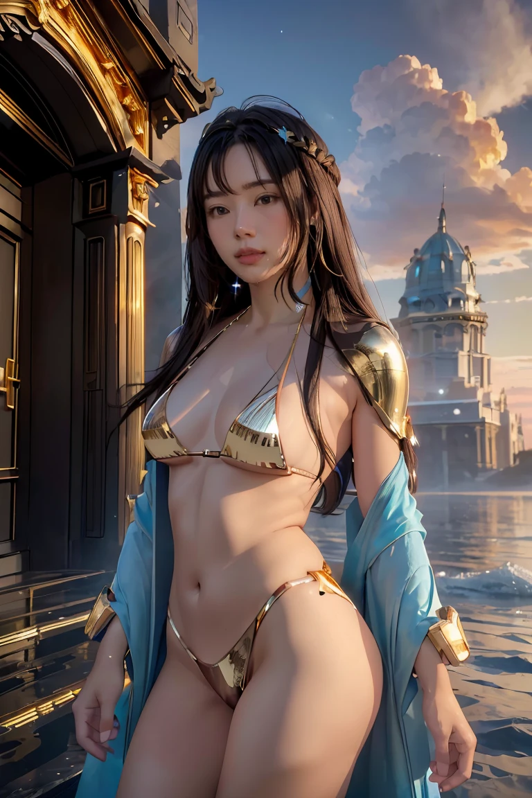 ((masterpiece, best quality, extremely detailed), volumetric lighting, ambient occlusion, colorful, glowing), 1girl, solo, young girl, (dark hair), long hair, halo, aura, sacred, goddess, cleric suit, (bikini with gold detailst:1.3), seethrough robe, outdoors, sunset, sky, clouds, space, (fantasy theme:1.2),