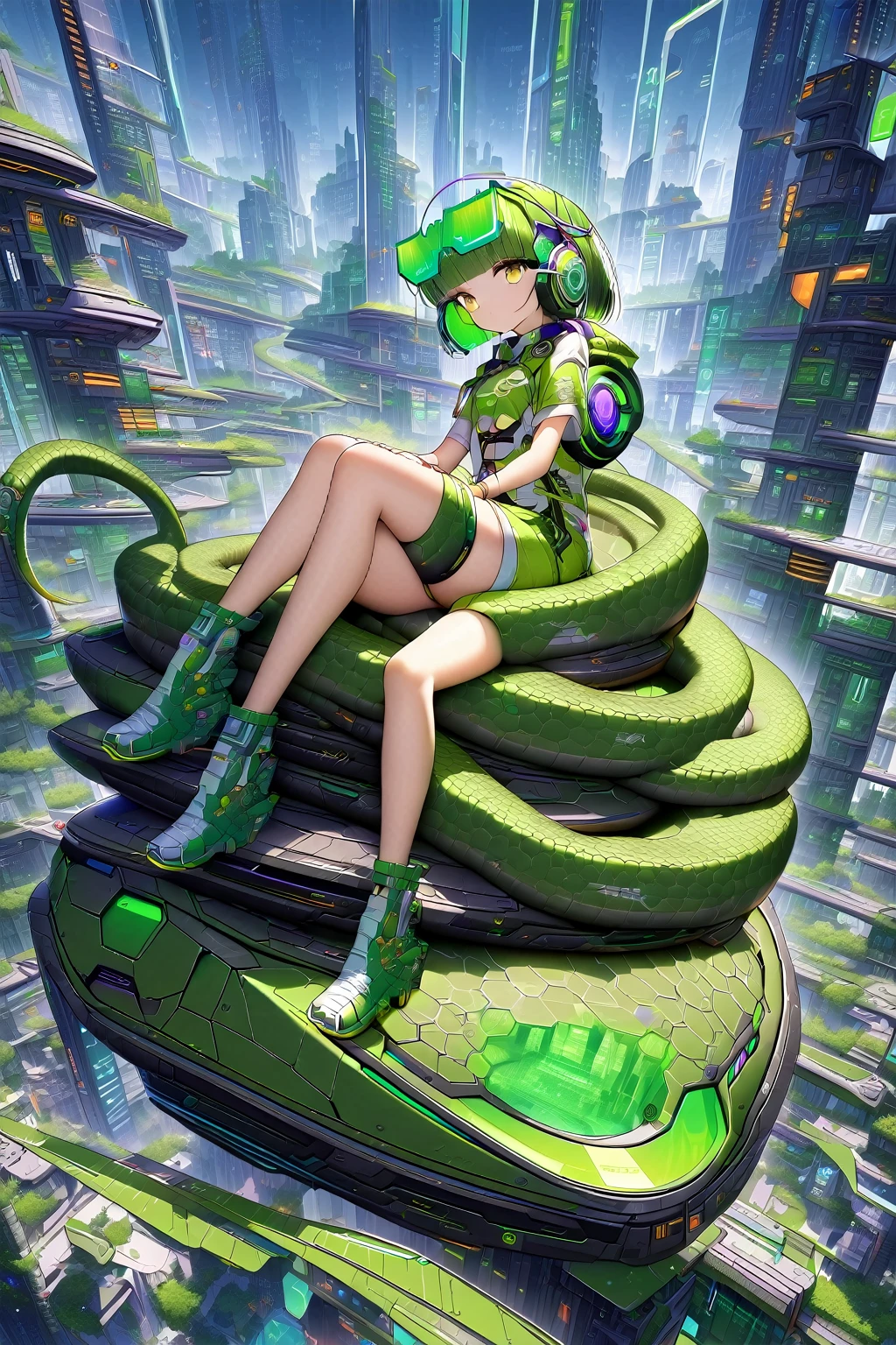 (extremely detailed fine touch:1.3), (((Futuristic eyewear:1.3))), (wear headphones around:1.0), green short hair, blunt bangs, beautiful android girl, solo, full body, sitting on (tortoise:1.3)The tail is the head of a snake, Futuristic Art, Futuristic city, single Skyscraper
