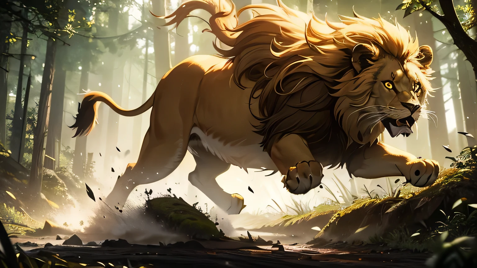motion scene, lion in forest leaping to attack, glowing yellow eyes, glowing eyes, sharp fangs, moody lighting, hyper realistic, cinematic lighting, intricate details, 8k, high quality, photorealistic, dramatic, powerful, majestic