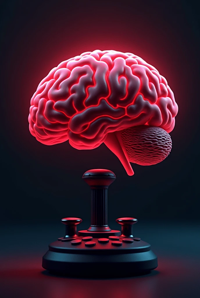 A brain is hurting, the hurt colour is red type, the inside of the brain there is an gaming joystic. Without any human. And make it gaming Vibe.