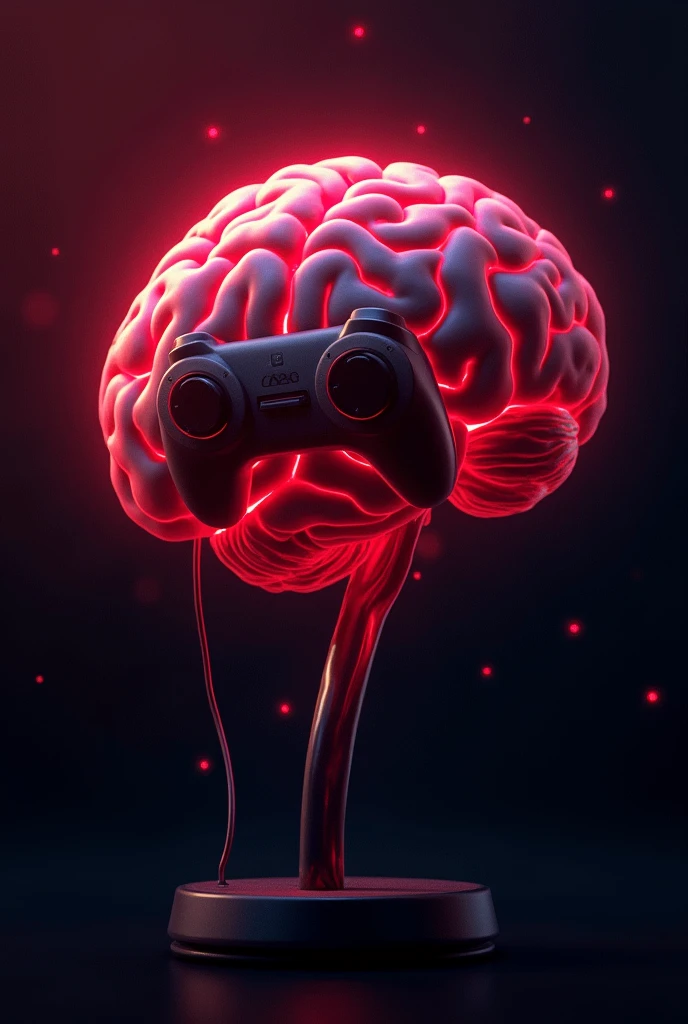 A brain is hurting, the hurt colour is red type, the inside of the brain there is an gaming joystic. Without any human. And make it gaming Vibe.