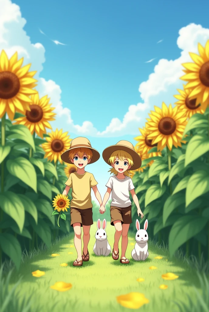 This image has to be in anime, a very beautiful sunflower field. Two boys of the same age are coming out of there, smiling. They are wearing straw hats, a long white shirt, short brown shorts, and flip-flops. They are holding a sunflower and they are holding hands. It is a beautiful day with clouds in the sky and the grass is very green. One of the boys is tanned. There are two white rabbits next to them and they are looking straight ahead. One of the boys is blond.