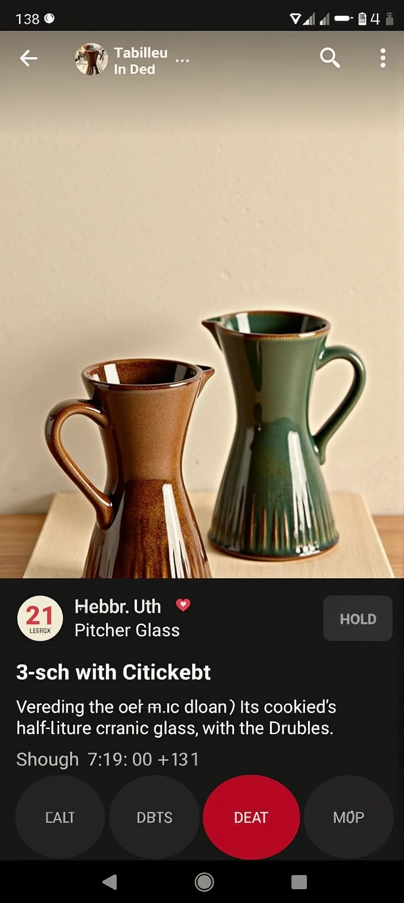 Half-litre pitcher-type ceramic glass, green on the inside and black on the upper external part and crackled on the lower external part with relief of vertical stripes