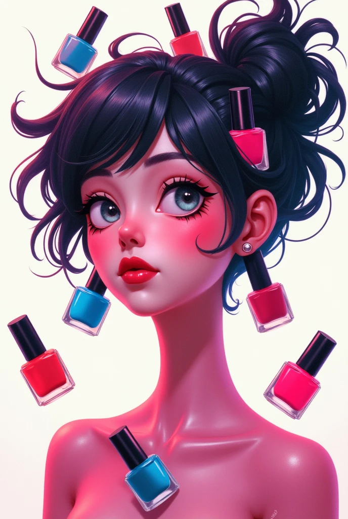 A pink character with black hair and several nail polishes around it 