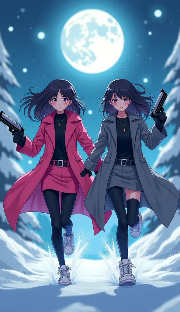Two girls, long black hairs, yuri, Vampire Hunters
The first girl wear a pink long coat, black shirt, pink pencil skirt, black underpants, black tights, black gloves, black socks, white sneakers high top.
The second girl wore a grey long coat, black shirt, grey pencil skirt, black underpants, black tights, black gloves, black socks, white sneakers high top.
holding a handguns, running on the snow, snowing, fantastic night sky, moon, cartoon novel, 4K, HD