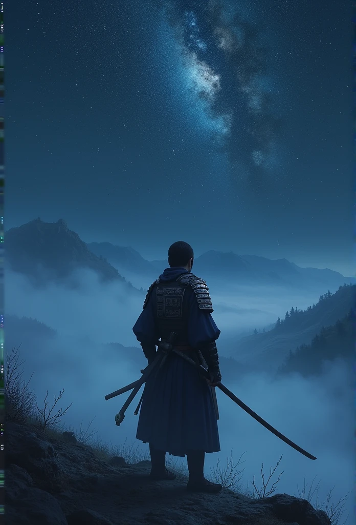 The samurai holds a katana, Starry skies and mist shroud the landscape.