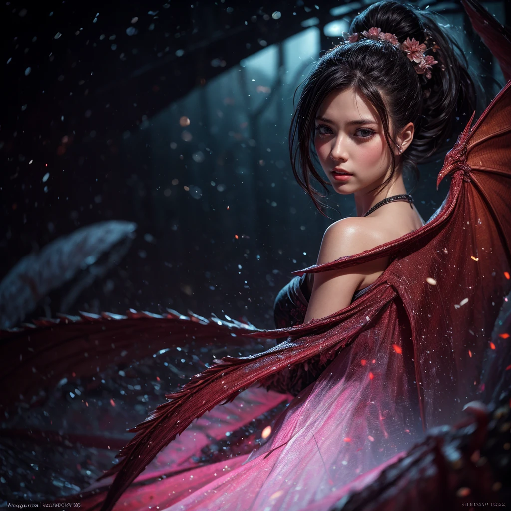 a girl with pink eyes, long purple hair in a high ponytail, liquid hair, dragon girl, flowers, dragon head background, negative space, 1 girl, solo, best quality, 4k, 8k, highres, masterpiece, ultra-detailed, realistic, photorealistic, HDR, UHD, studio lighting, ultra-fine painting, sharp focus, physically-based rendering, extreme detail description, professional, vivid colors, bokeh