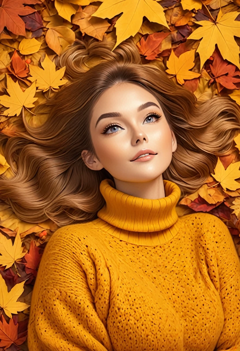 The image shows a person wearing a mustard yellow knitted sweater lying on a bed of autumn leaves. The leaves in the background are a mix of orange, brown and yellow tones, suggesting the fall season.