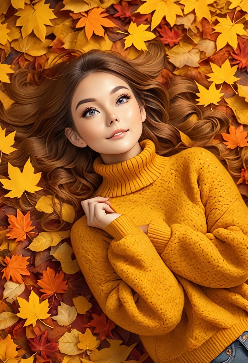 The image shows a person wearing a mustard yellow knitted sweater lying on a bed of autumn leaves. The leaves in the background are a mix of orange, brown and yellow tones, suggesting the fall season.