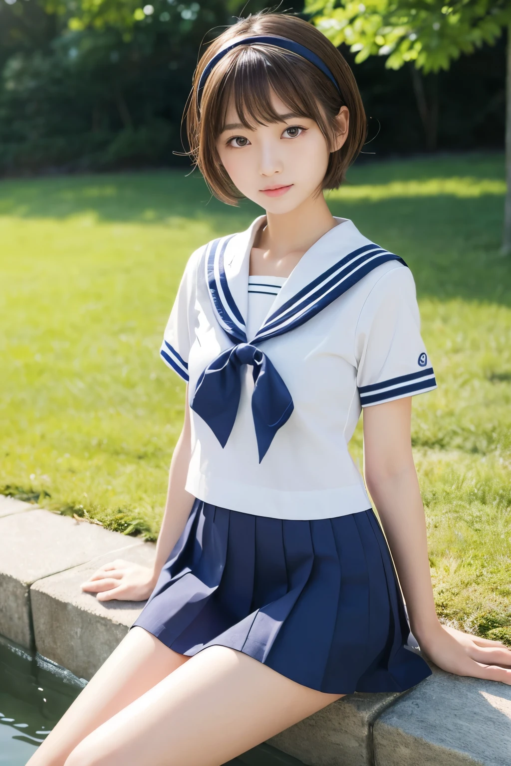 (masterpiece,Highest quality,Ultra-high resolution),Japanese women, so beautiful, Innocent Girl、(Perfect limbs、Perfect Anatomy),(Bob Hair,hair band).Cute Sailor Uniform、Short-sleeved sailor uniform、Super short skirt in navy blue、pure white、Glowing Beautiful Skin、Watery eye、Shiny brown hair、The colors and landscapes of youth、Feelings of love